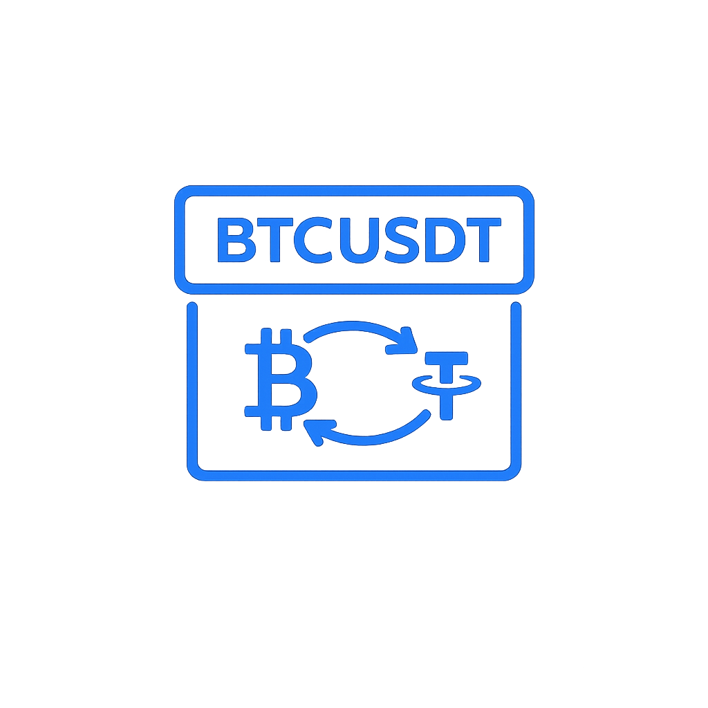 BTCUSDT cryptocurrency outline icon representing Bitcoin, Tether, crypto trading, and technical analysis.