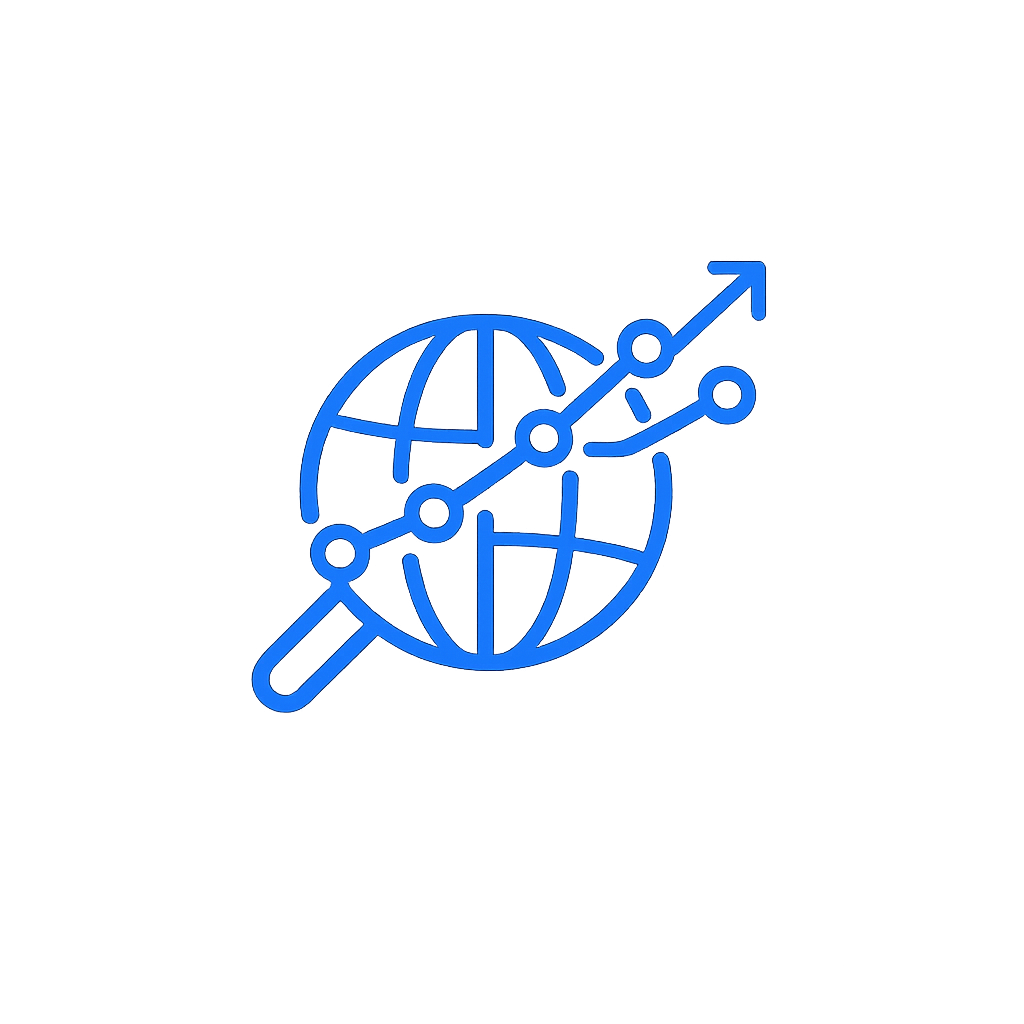 Globe and market lines outline icon representing global financial markets, forex, gold, and cryptocurrency trading.