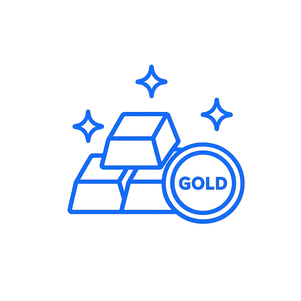 Gold bars and gold coin outline icon representing XAUUSD gold trading, precious metals, and technical analysis.