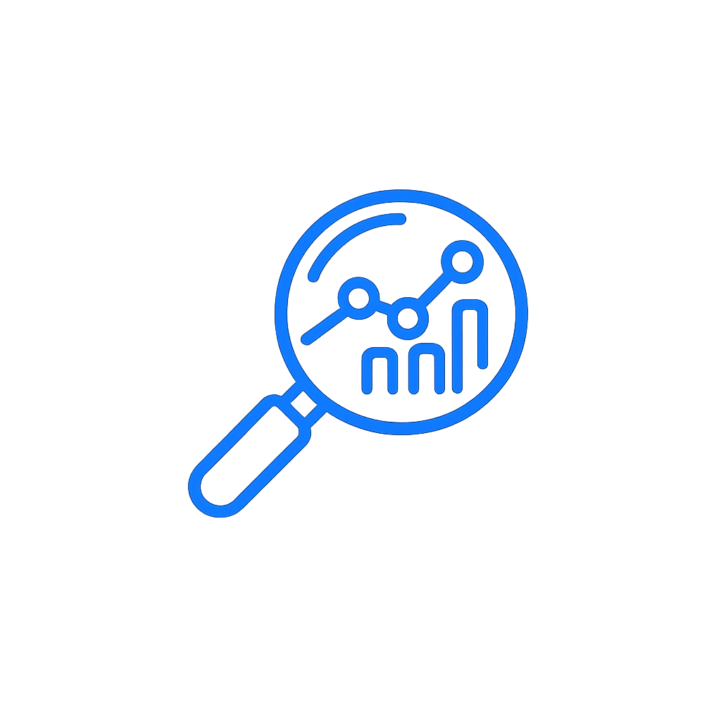 Magnifying glass and chart outline icon representing trading case studies, market analysis, and trade review.