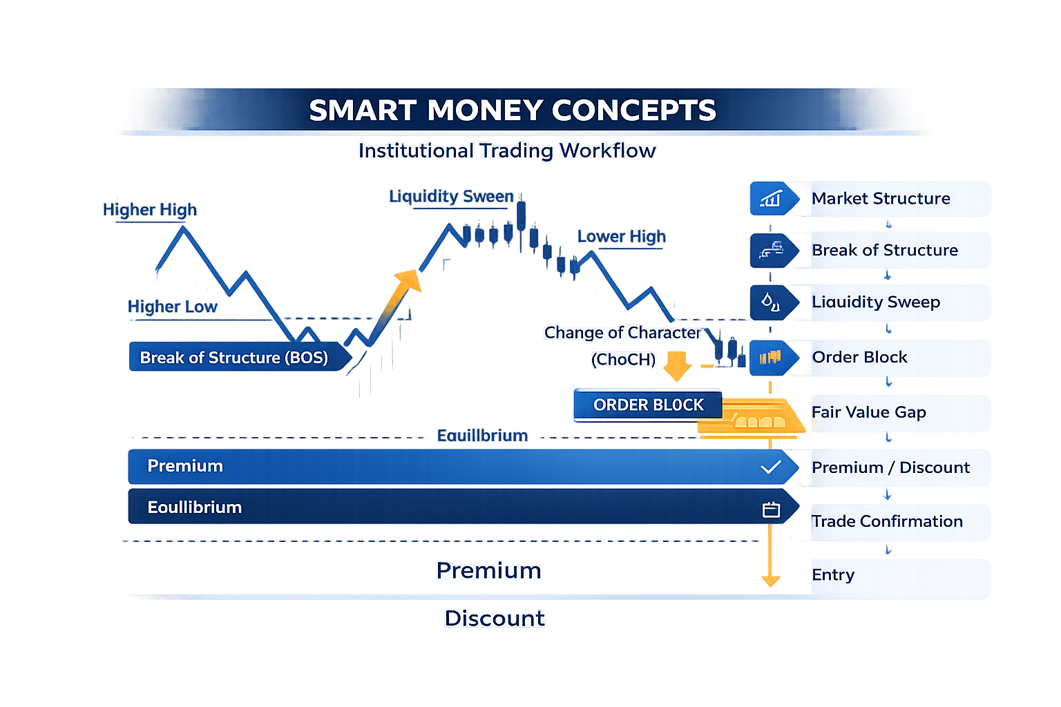 Smart Money Concepts (SMC) institutional trading workflow diagram showing market structure, Break of Structure (BOS), liquidity sweep, Change of Character (CHoCH), order block, fair value gap (FVG), premium and discount zones for Forex, Gold, and Crypto trading.