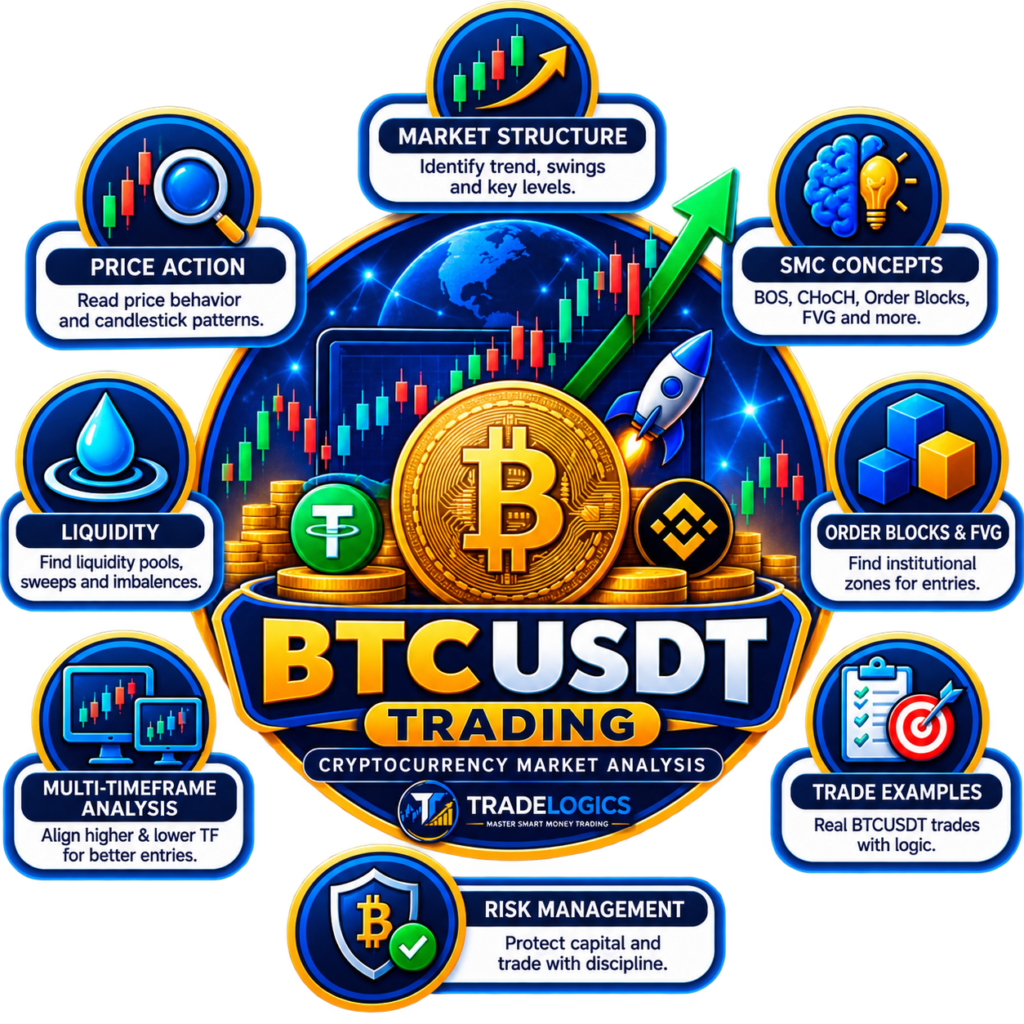 BTCUSDT trading icon showing cryptocurrency market structure, SMC concepts, liquidity, multi-timeframe analysis, and trade examples
