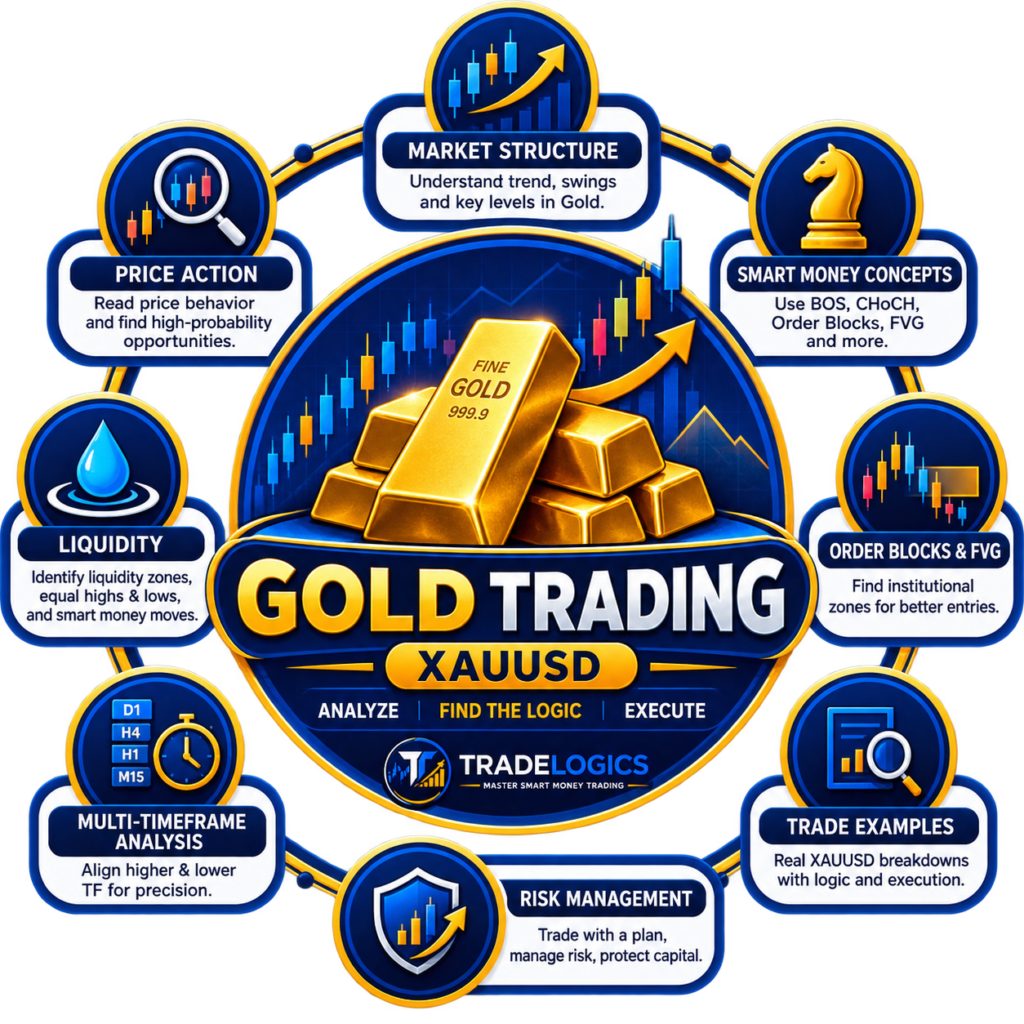 Gold trading XAUUSD icon showing market structure, price action, liquidity, SMC, multi-timeframe analysis, and trade examples