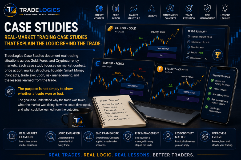 TradeLogics real-market trading case studies covering market structure, price action, liquidity, Smart Money Concepts, trade execution, and risk management