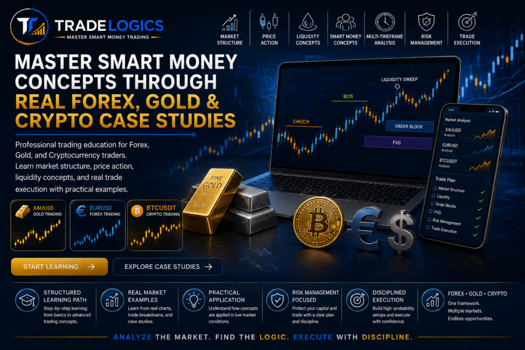 TradeLogics home hero showing Smart Money Concepts, market structure, price action, liquidity, and real Forex, Gold, and Crypto case studies