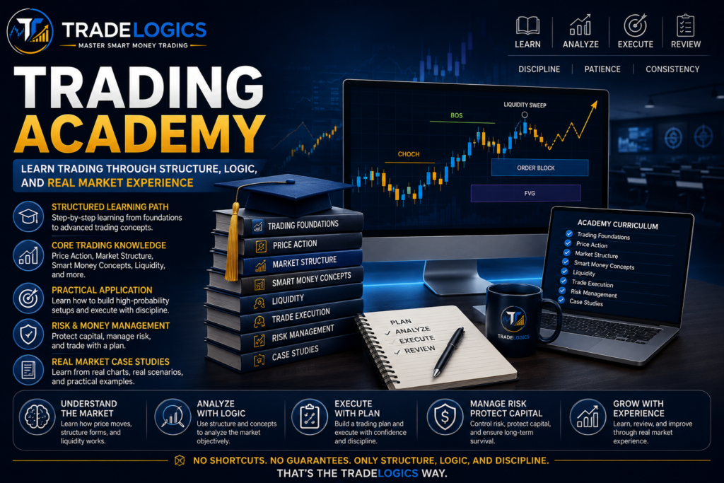 TradeLogics Trading Academy teaching market structure, price action, Smart Money Concepts, liquidity, risk management, and trade execution