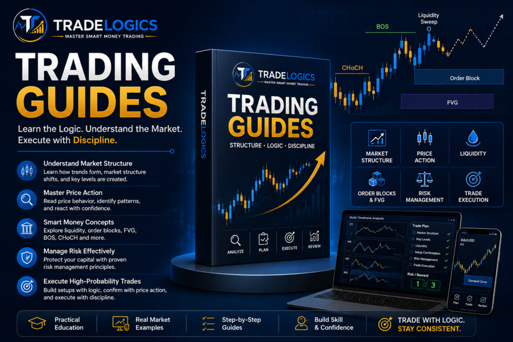TradeLogics Trading Guides for market structure, price action, Smart Money Concepts, liquidity, risk management, and trade execution